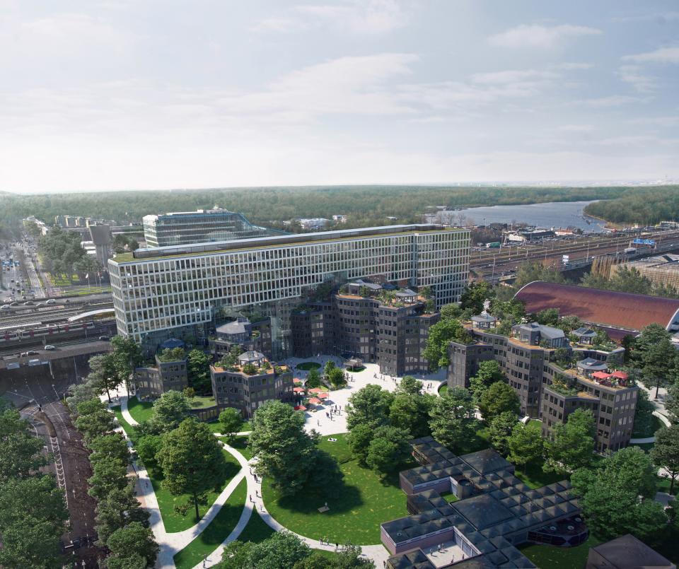 An aerial view of the rendering shows how the Dutch firm plans to make the rooftops more accessible and green, including public restaurants.