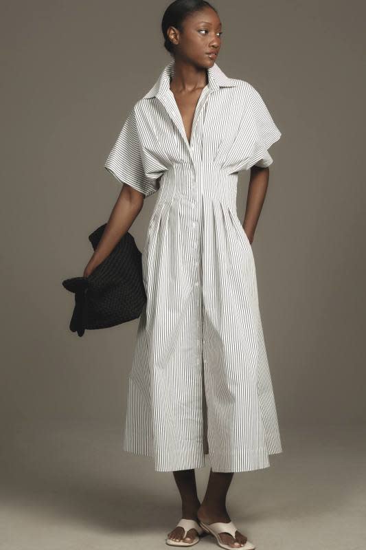 <p>Anthropologie Exquise Tobie Button-Front Pleated Midi Shirt Dress, $198, available <a href="https://rstyle.me/+VZQ6K7pjJej1_dwrI1hqDA" rel="nofollow noopener" target="_blank" data-ylk="slk:here;elm:context_link;itc:0;sec:content-canvas" class="link ">here</a> (sizes XXS-3X)</p>