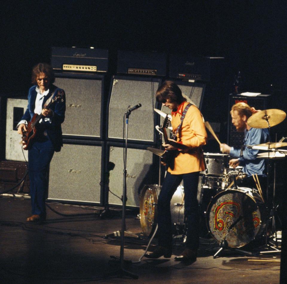 Cream live in concert for the final time, at the Royal Albert Hall, London, November 26 1968: (l to r) Jack Bruce, Eric Clapton and drummer Ginger Baker - Estate Of Keith Morris/Redferns/Getty Images