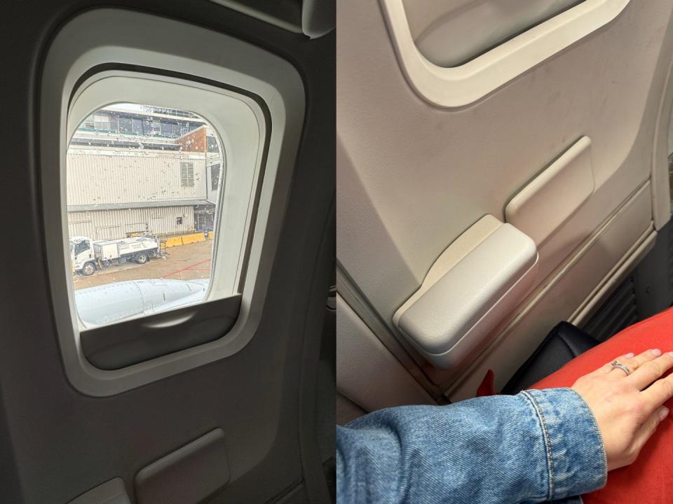 A split photo shows a plane window (left) and a woman's arm next to a short armrest and window on a plane (right).