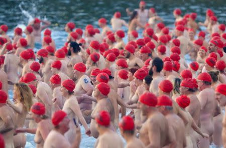 Participants take part in the Nude Solstice Swim, as part of the Dark Mofo winter festival, in the River Derwent in Hobart, Australia, June 21, 2017. AAP/Rob Blakers/via REUTERS