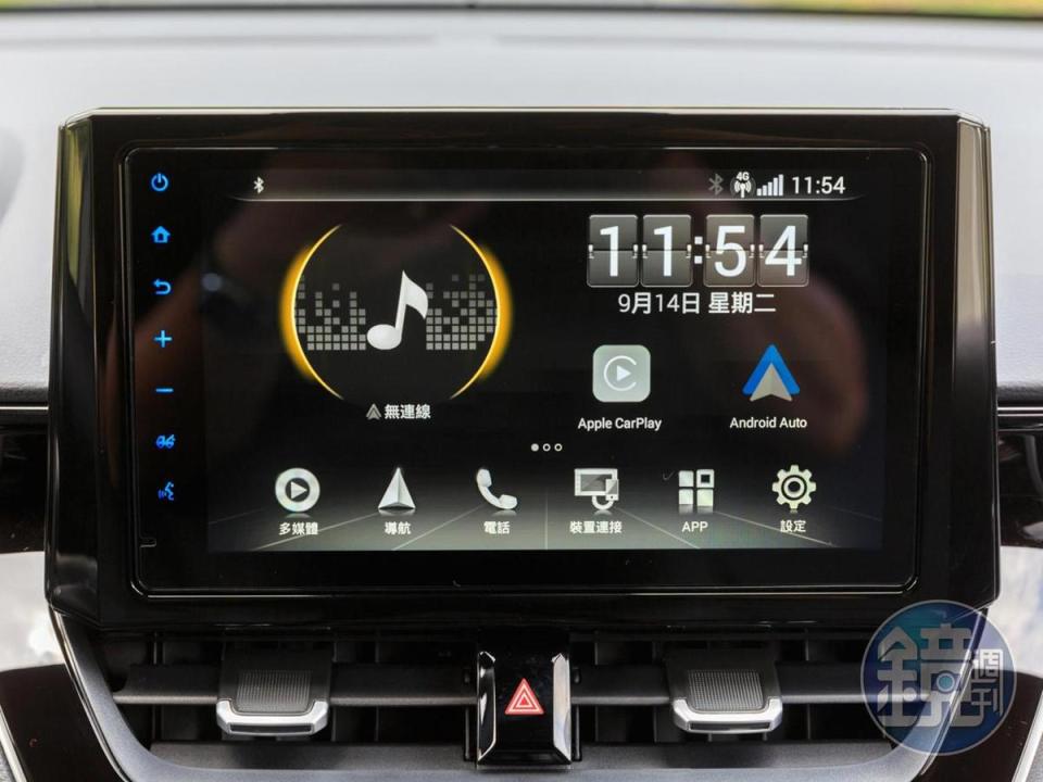 導入了Toyota Drive+ Connect 9吋中控觸控螢幕，包含 Android Auto/Apple Carplay、原廠導航、一鍵救援與 24H 愛車守護等實用功能。