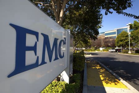 The EMC logo is seen at the entrance to the company's office in Santa Clara, California, in an undated photo provided by EMC. REUTERS/EMC/Handout via Reuters