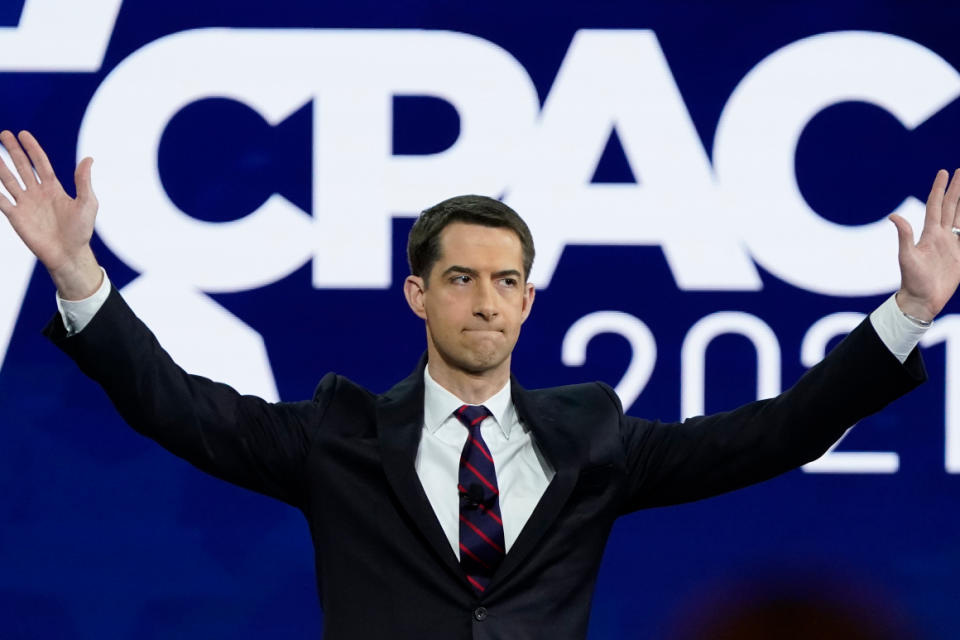 Sen. Tom Cotton, R-Ark., waves to supporters after speaking at the Conservative Political Action Conference (CPAC) on Feb. 26, 2021, in Orlando, Fla. 