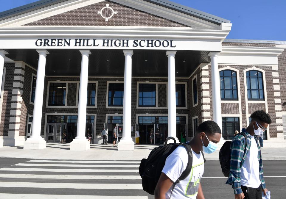 Green Hill High students arrive for Wilson County Schools' first day of classes amid COVID-19 and after the March  tornado in Mt. Juliet, Tenn. Monday, Aug. 17, 2020