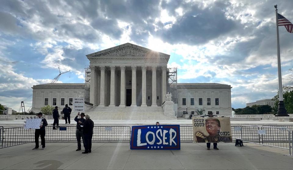 PHOTO: Outside the U.S. Supreme Court on Thursday, April 25, 2024, ahead of arguments there over whether Donald Trump has immunity from prosecution over acts while in office (Devin Dwyer/ABC News)