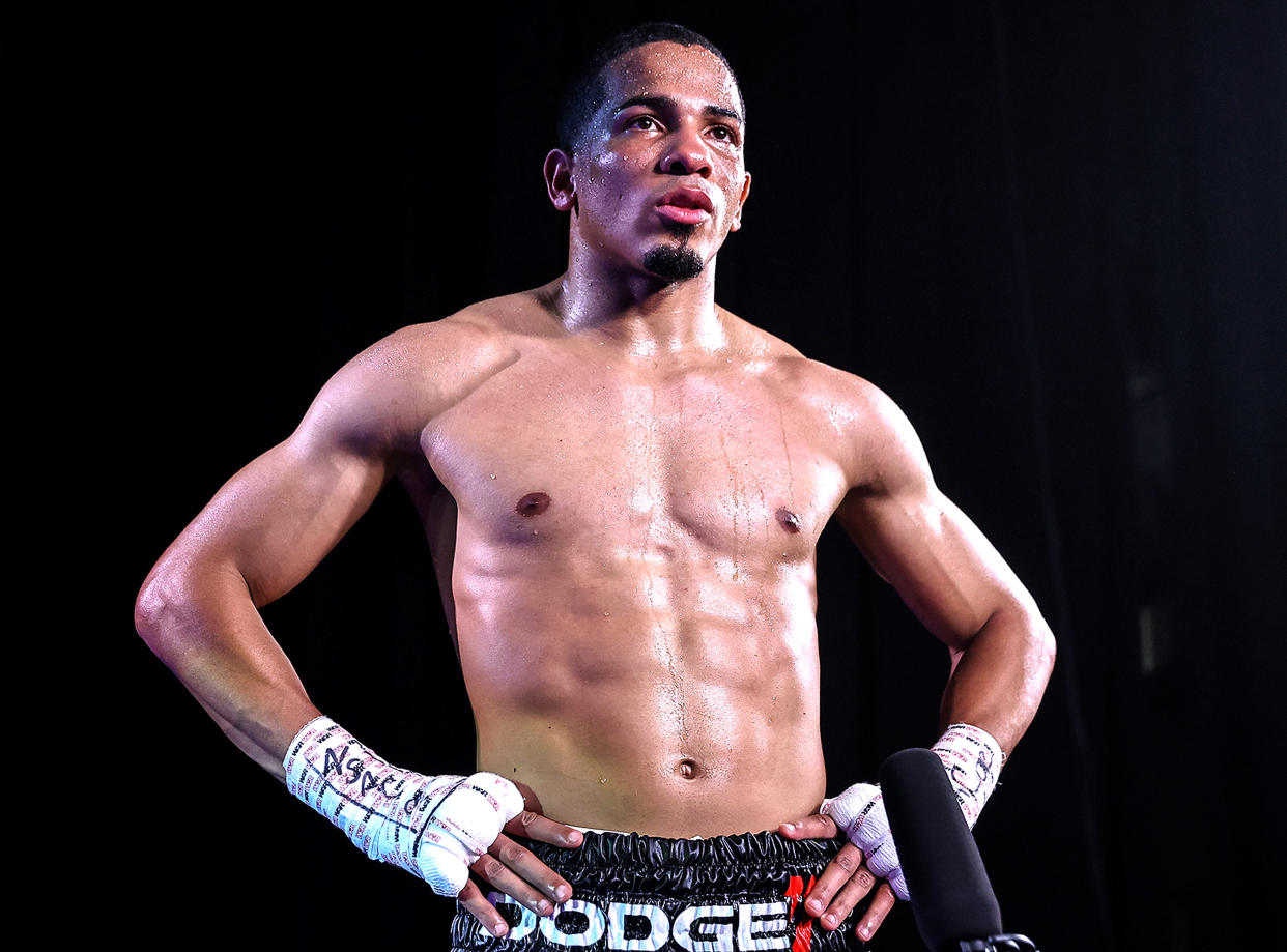 LAS VEGAS, NEVADA - JULY 16: In this handout image provided by Top Rank, Felix Verdejo is interviewed after defeating Will Madera (not pictured) during their lightweight bout at MGM Grand Conference Center Grand Ballroom on July 16, 2020 in Las Vegas, Nevada. (Photo by Mikey Williams/Top Rank via Getty Images)