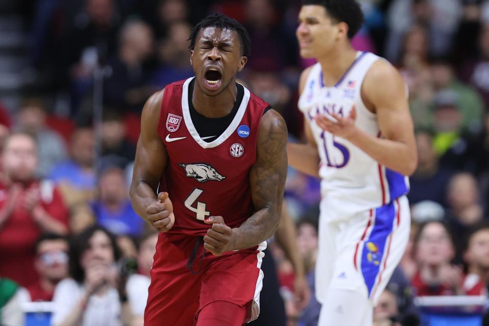 Arkansas guard Davonte Davis reacts after a play against Kansas during the second round of the NCAA men's tournament at Wells Fargo Arena on March 18, 2023 in Des Moines, Iowa.