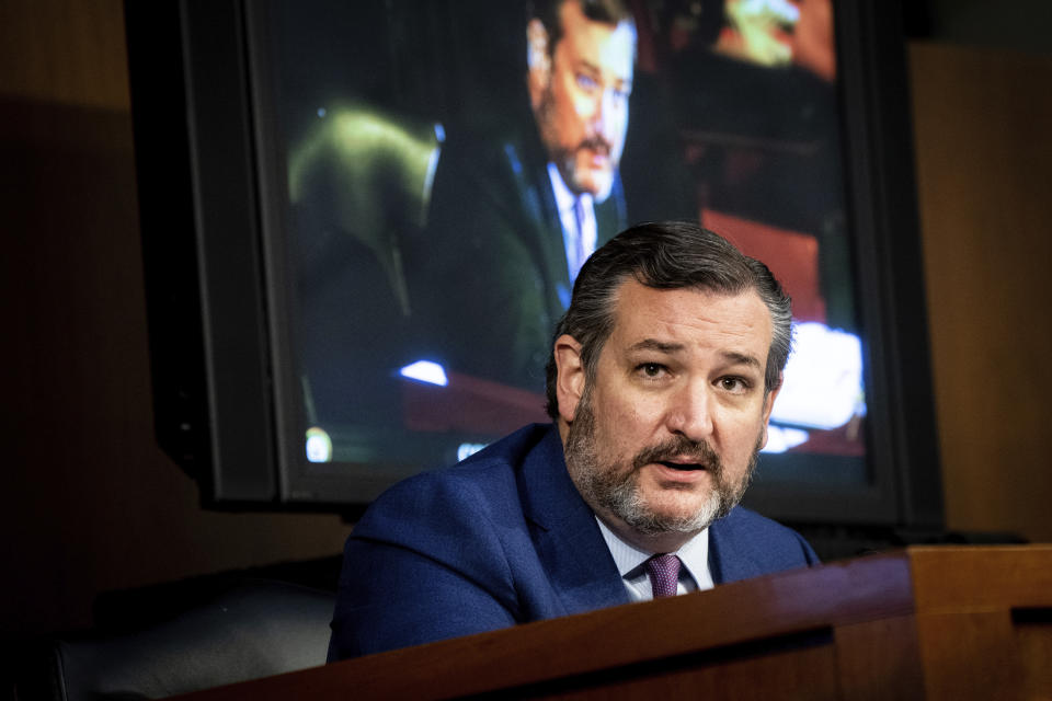 Sen. Ted Cruz, R-Texas, speaks during the confirmation hearing for Supreme Court nominee Amy Coney Barrett, before the Senate Judiciary Committee, Wednesday, Oct. 14, 2020, on Capitol Hill in Washington. (Erin Schaff/The New York Times via AP, Pool)