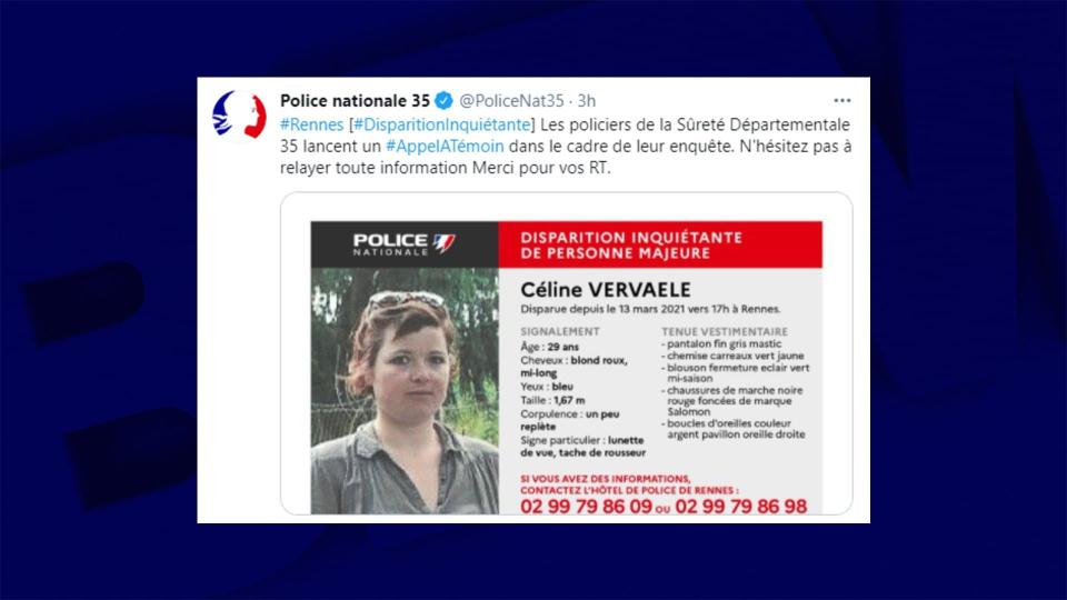 Céline Vervaele a disparu depuis samedi 13 mars 2021. - @PoliceNat35