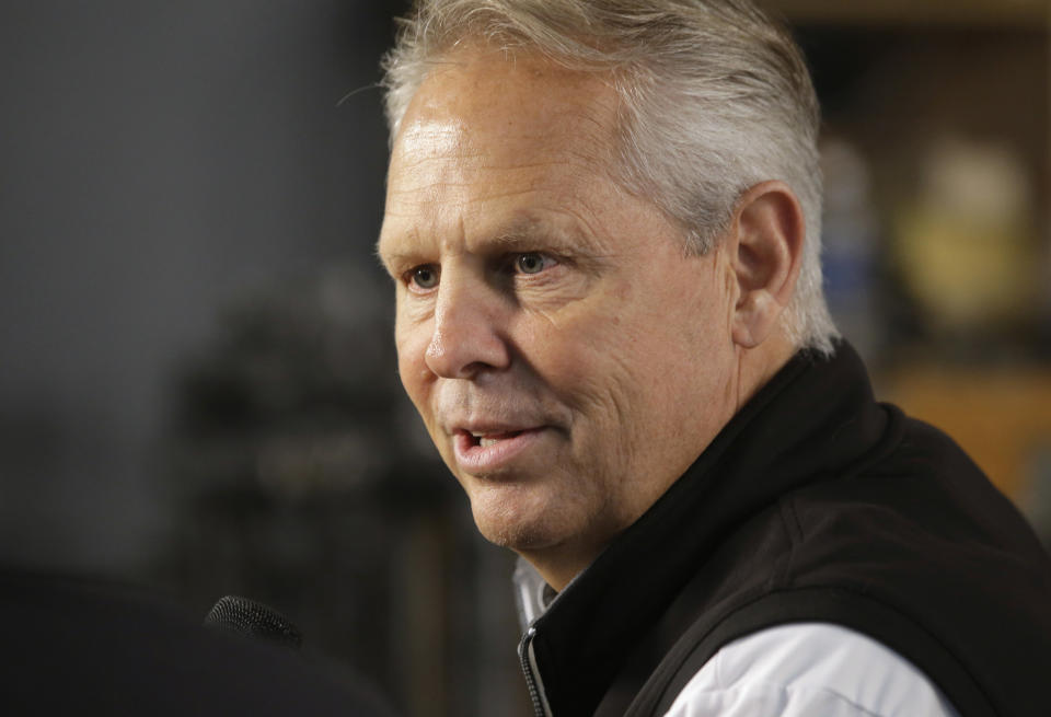 Boston Celtics general manager Danny Ainge speaks with members of the media during NBA basketball media day Monday, Sept. 25, 2017, in Canton, Mass. (AP Photo/Steven Senne)