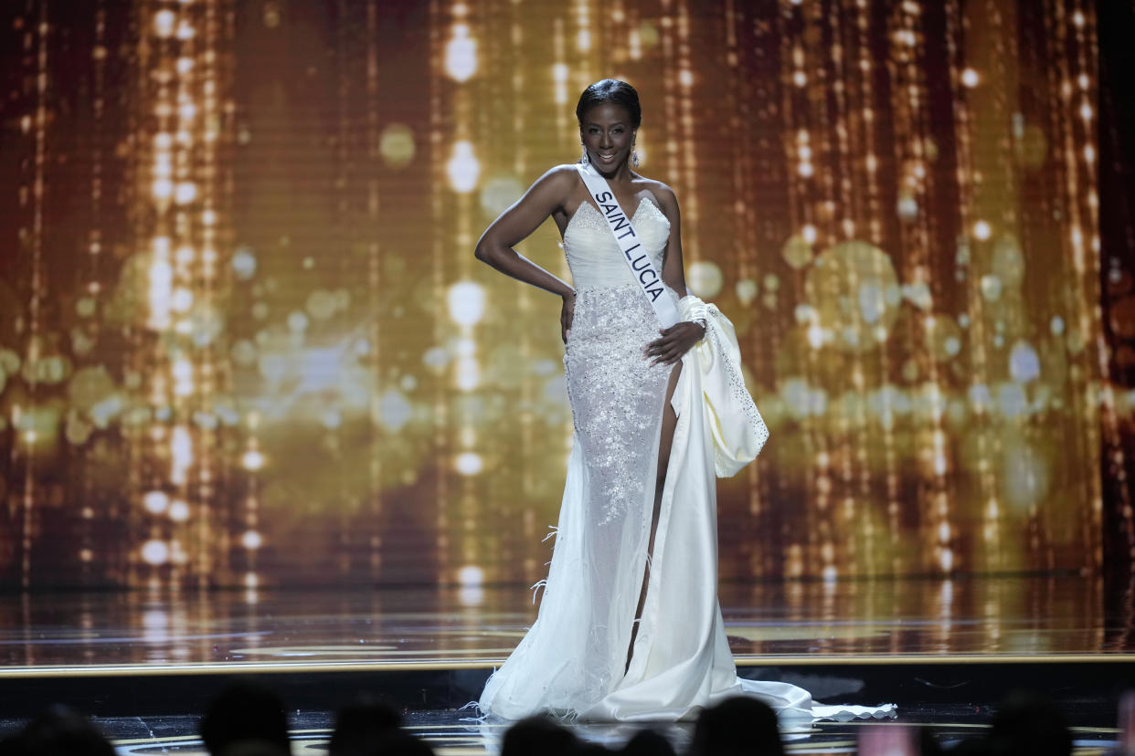 Miss Saint Lucia Sheris Paul takes part in the evening gown competition during the preliminary round of the 71st Miss Universe Beauty Pageant, in New Orleans on Wednesday, Jan. 11, 2023. (AP Photo/Gerald Herbert)