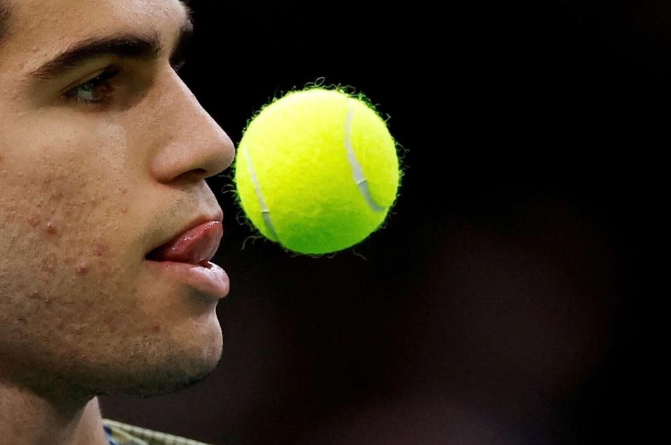 Spain's Carlos Alcaraz competes against Bulgaria's Grigor Dimitrov during the Paris Masters on Nov. 3, 2022.