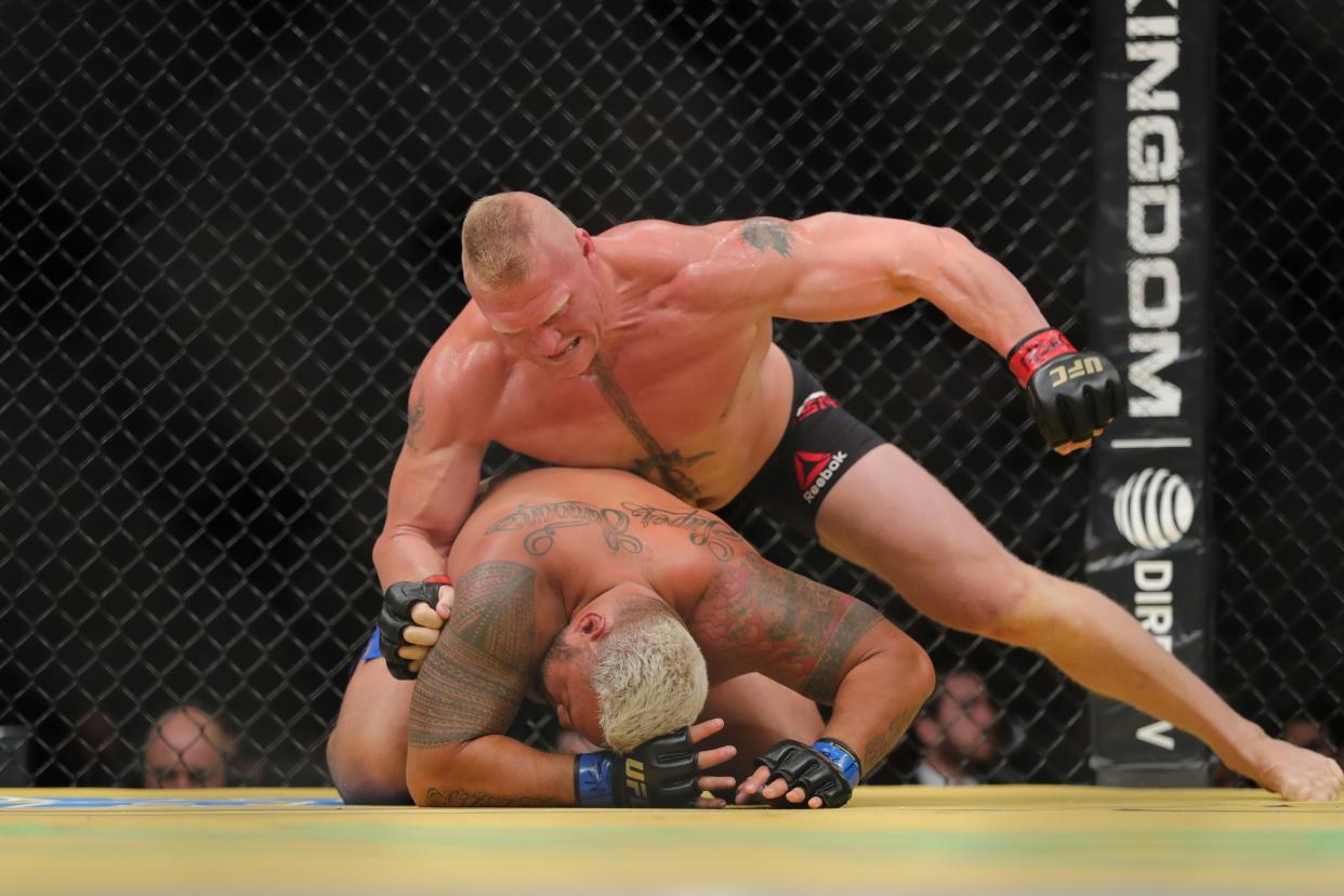 Brock Lesnar won a decision over Mark Hunt at UFC 200, only to have it overturned after he failed two drug tests. (Getty)