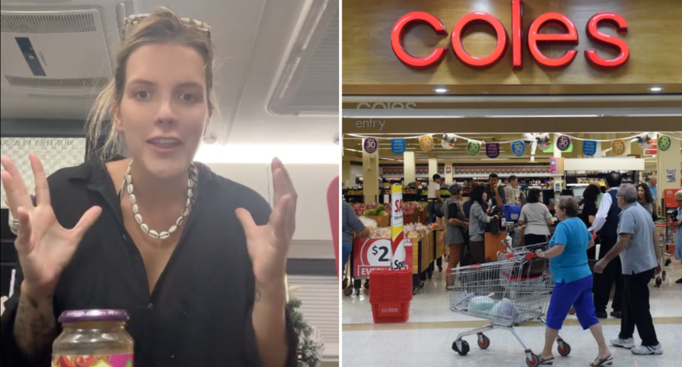 Left image a screenshot of Lani from her TikTok. Right image of Coles storefront.