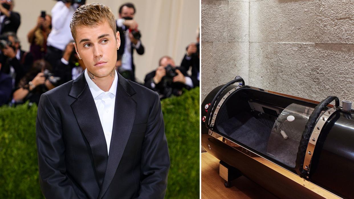 split screen of Justin Bieber and the oxygen chamber at the Bvlgari Hotel London