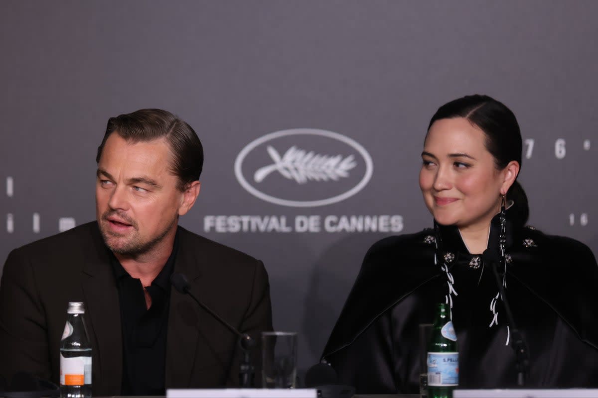 Leonardo DiCaprio and Lily Gladstone at the ‘Killers of the Flower Moon’ press conference at Cannes 2023 (Mohammed Badra/Pool/Getty Images)