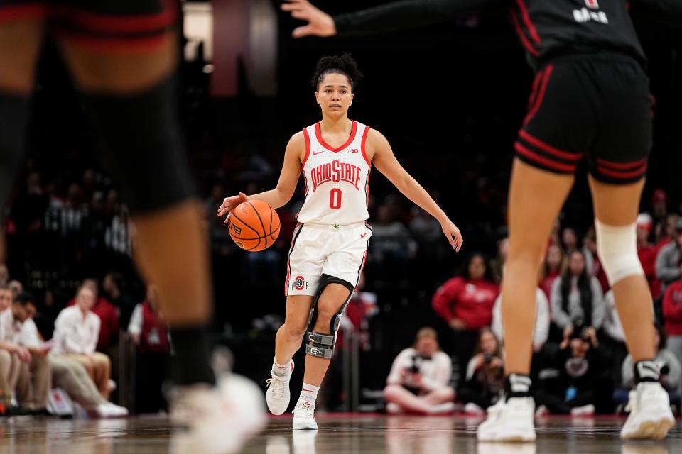 Ohio State guard Madison Greene dribbles up court against Rutgers on Thursday.