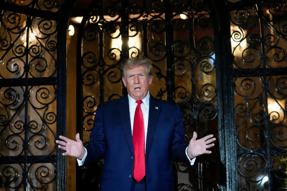 Republican presidential candidate former President Donald Trump speaks at his Mar-a-Lago estate, Friday, Feb. 16, 2024, in Palm Beach, Fla. (AP Photo/Rebecca Blackwell)