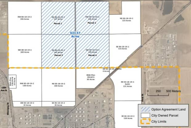 The parcel of land in question is north of the city, and shown on this map with blue diagonal stripes.