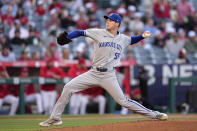 Kansas City Royals starting pitcher Cole Ragans throws to the plate during the first inning of a baseball game against the Los Angeles Angels Saturday, May 11, 2024, in Anaheim, Calif. (AP Photo/Mark J. Terrill)