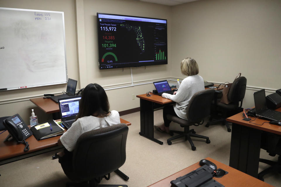 In this Wednesday, May 13, 2020 photo, Maria Fernanda, left, and Meghan Peck, right, work on contact tracing at the Florida Dept. of Health in Miami-Dade County, during the new coronavirus pandemic, in Doral, Fla. In state after state, the local health departments charged with doing the detective work of running down the contacts of coronavirus patients are falling well short of the number of people needed to do the job. (AP Photo/Lynne Sladky)