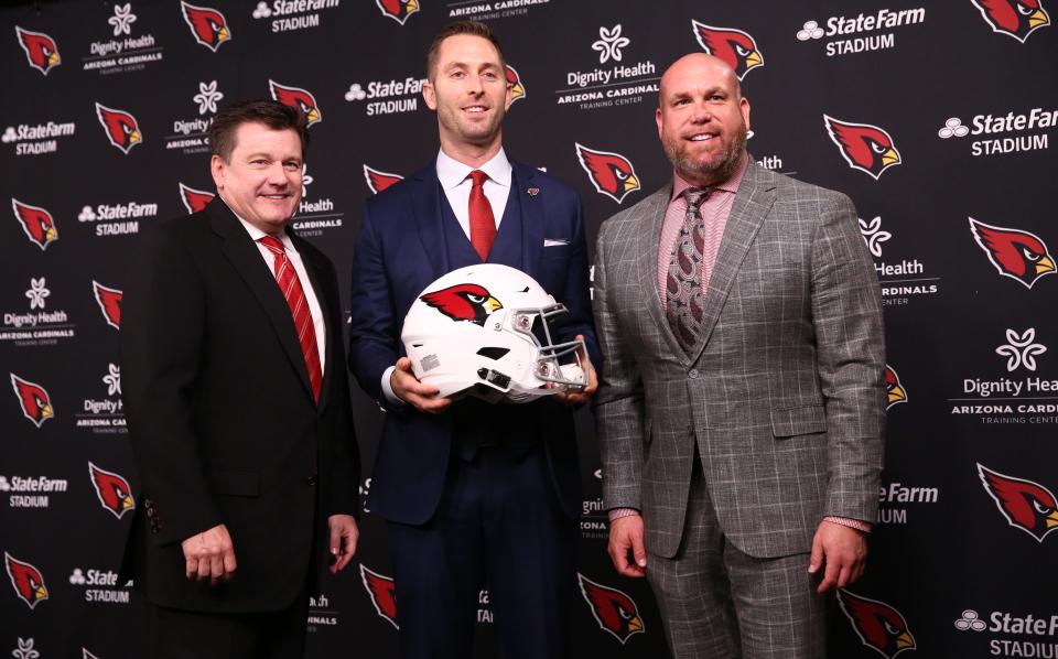 Arizona Cardinals President Michael Bidwill and General Manager Steve Keim introduce new head coach Kliff Kingsbury during a news conference on Jan. 9, 2019 at the Cardinals Training Facility in Tempe, Ariz.