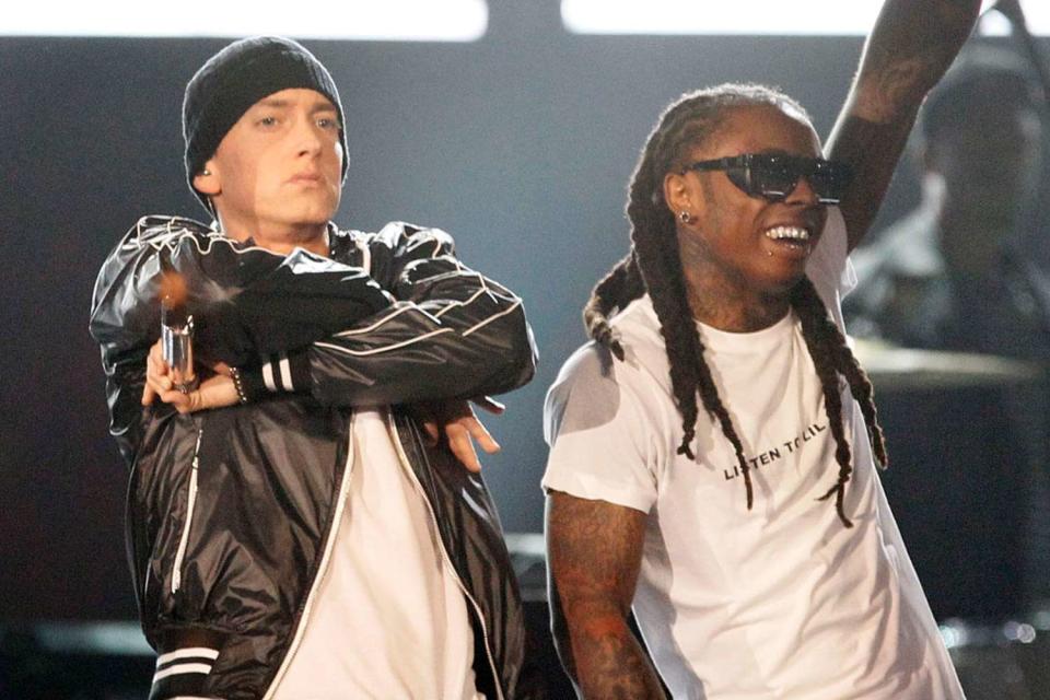 <p>Robert Gauthier/Los Angeles Times via Getty</p> Eminem and Lil Wayne