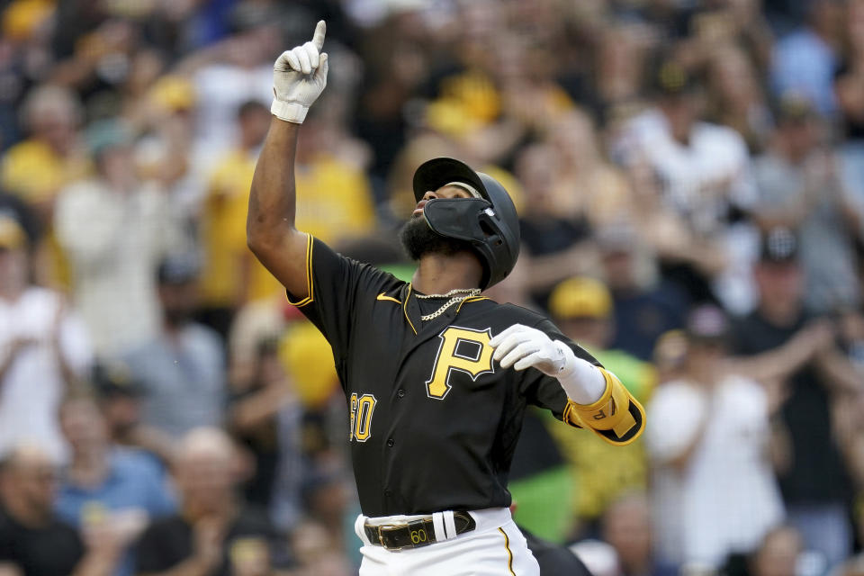Pittsburgh Pirates' Liover Peguero reacts after hitting a two-run home run against the Detroit Tigers in the second inning of a baseball game in Pittsburgh, Tuesday, Aug. 1, 2023. (AP Photo/Matt Freed)