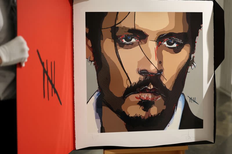 Self-portrait by actor Johnny Depp is pictured in Castle Fine Art Gallery in London