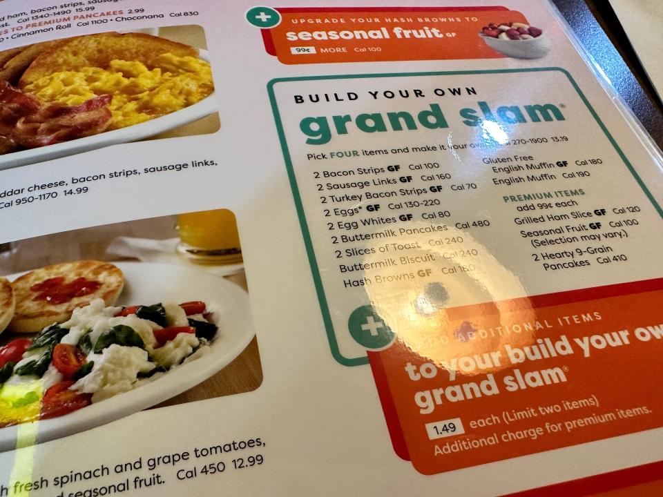 View of grand slam breakfast written out in Denny's menu