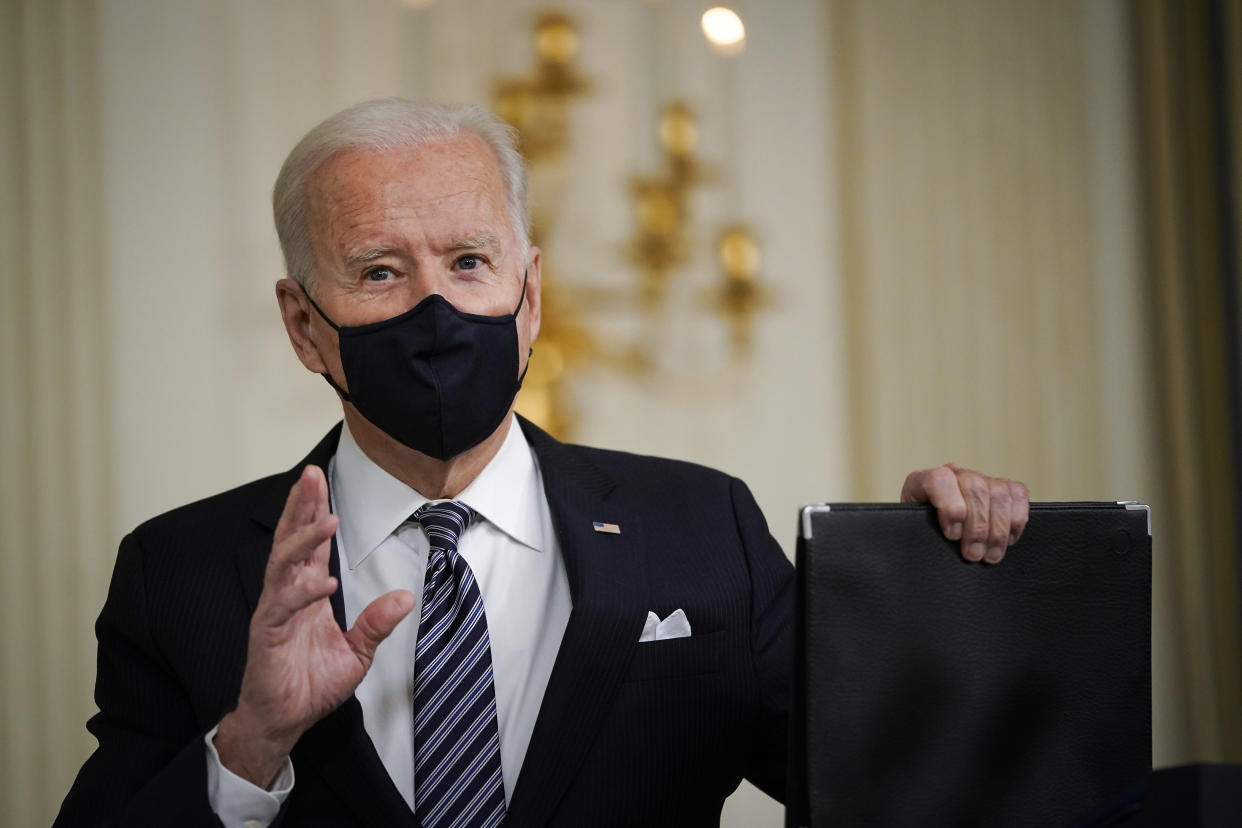 U.S. President Joe Biden departs after delivering remarks in the State Dining Room of the White House on March 15, 2021 in Washington, DC. (Drew Angerer/Getty Images)