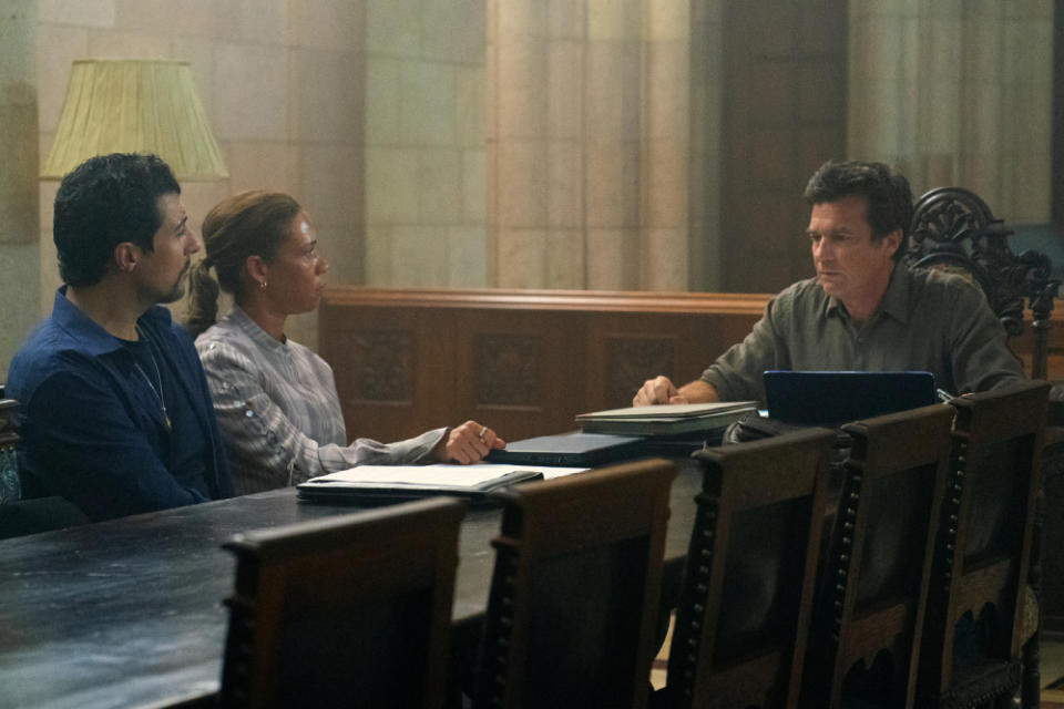 Ozark. (L to R) Rodrigo Rojas as Galembo, Michelle Rivera as Julia Reyes, Jason Bateman as Marty Byrde in Season 4 Part 2 Episode 4 of Ozark. Cr. Tina Rowden/Netflix © 2022 - Credit: TINA ROWDEN/NETFLIX