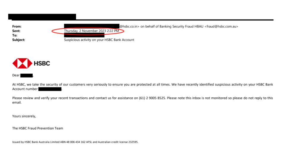 HSBC email about the suspicious transactions