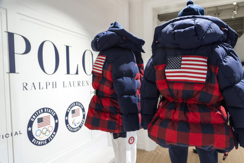 The Team USA Beijing winter Olympics closing ceremony uniforms designed by Ralph Lauren are displayed on Wednesday, Oct. 27, 2021, in New York. (Photo by Charles Sykes/Invision/AP)