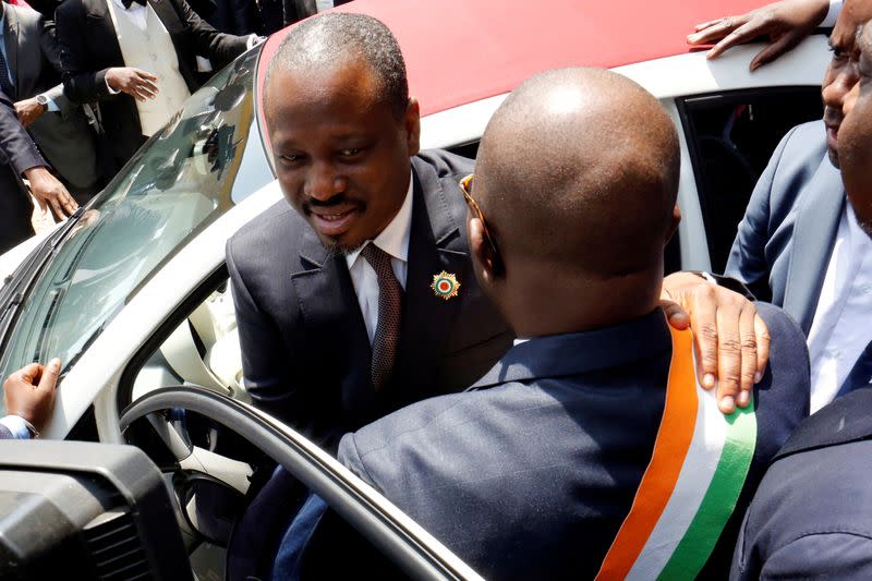 FILE PHOTO: Guillaume Soro is seen leaving the National Assembly after he resigned as parliament speaker in Abidjan