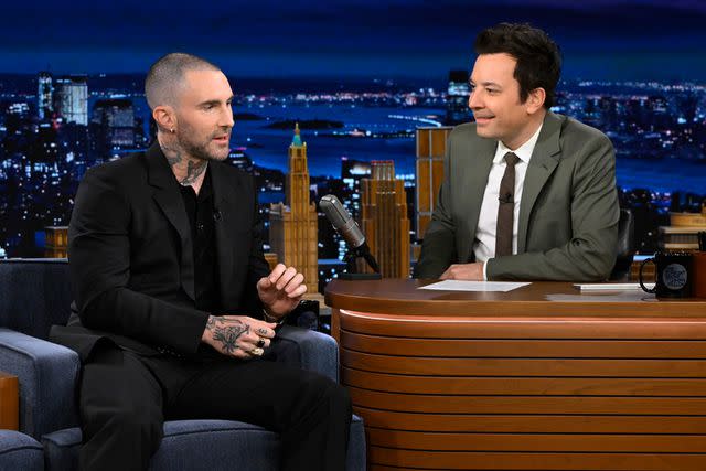 <p>Todd Owyoung/NBC via Getty</p> Adam Levine during an interview with host Jimmy Fallon on April 10, 2024