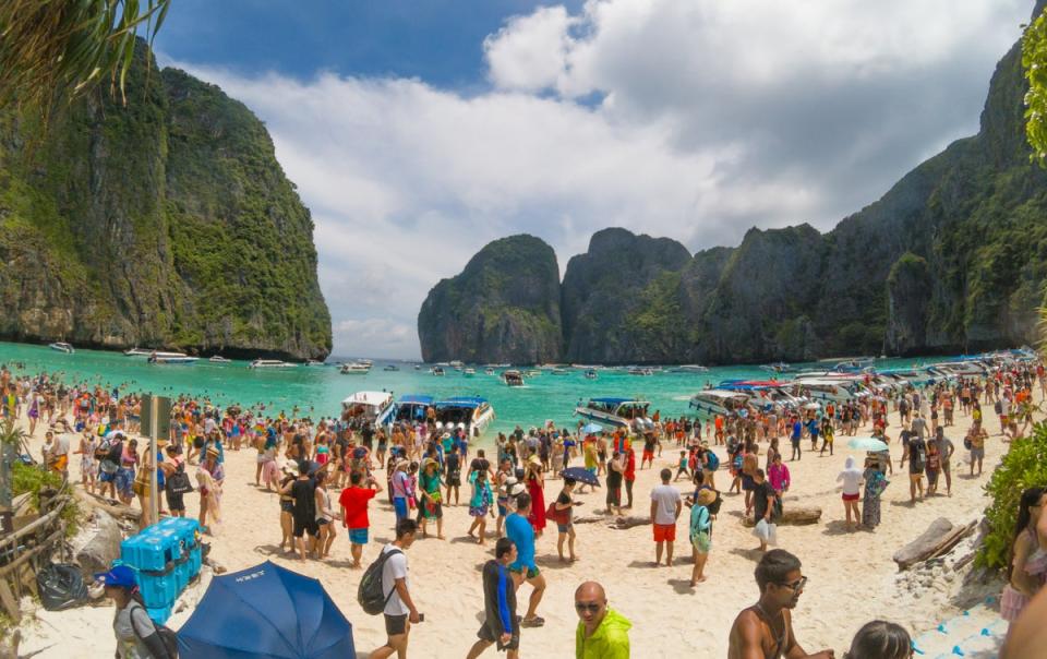A swimming ban remains in place at reopened Maya Beach to protect the coral (Getty Images)