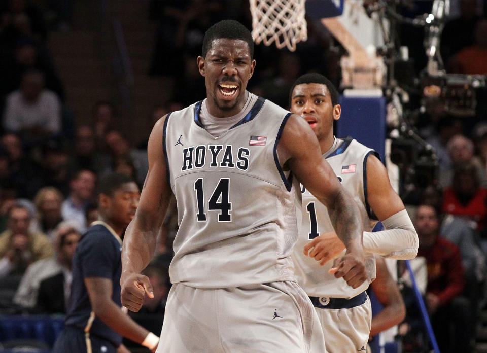 NEW YORK, NY - MARCH 07: Henry Sims #14 of the Georgetown Hoyas celebrates a play against the Pittsburgh Panthers during their second round game of the 2012 Big East Men's Basketball Tournament at Madison Square Garden on March 7, 2012 in New York City. (Photo by Jim McIsaac/Getty Images)