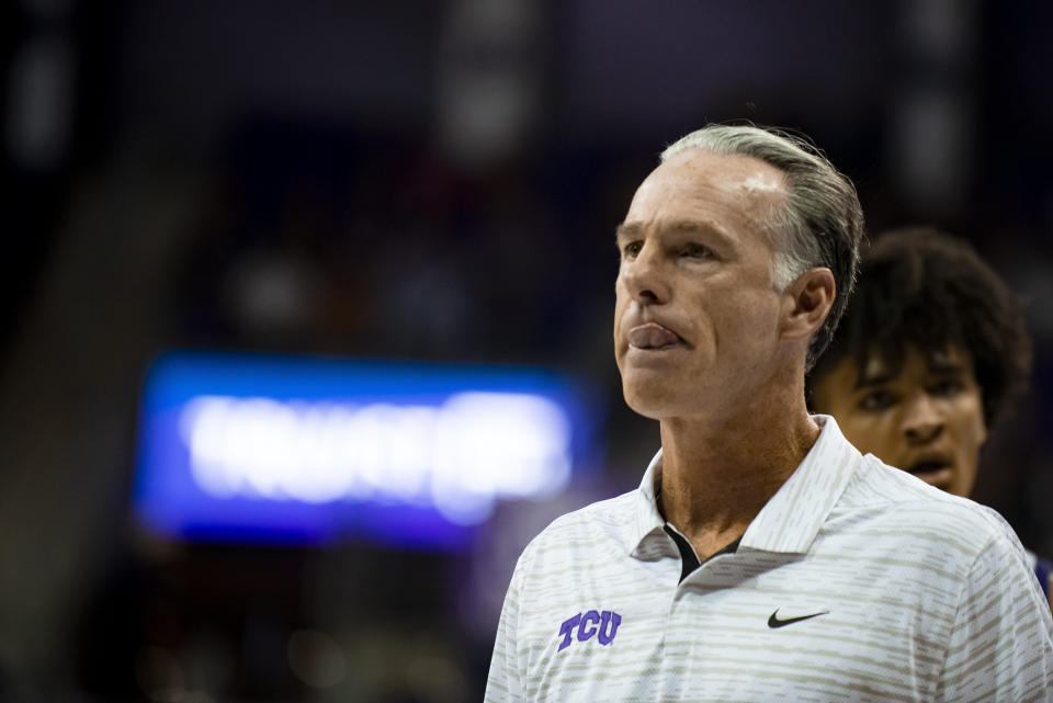 TCU head coach Jamie Dixon walks off of the floor at the end of the first half of an NCAA college basketball game against Arkansas-Pine Bluff in Fort Worth, Texas, Monday, Nov. 7, 2022. (AP Photo/Emil Lippe)