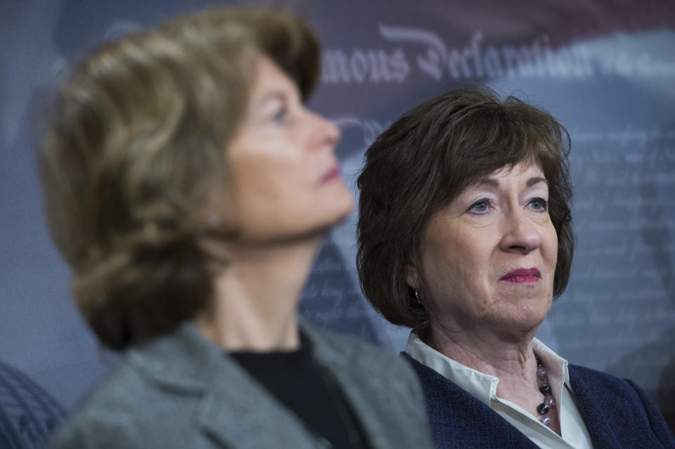 Sens. Lisa Murkowksi (left) and Susan Collins (right) are two Republican senators that many people believe may not support the new Supreme Court nominee. (Tom Williams/CQ Roll Call via Getty Images)