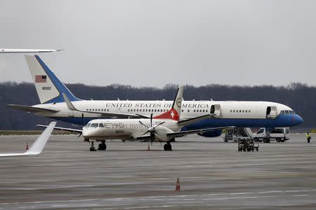 A U.S. government aircraft is pictured at Cointrin airport in Geneva Switzerland January 17, 2016. REUTERS/Denis Balibouse