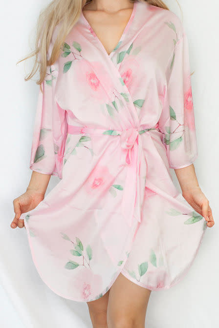 Pink Satin Floral Bridesmaid Robe