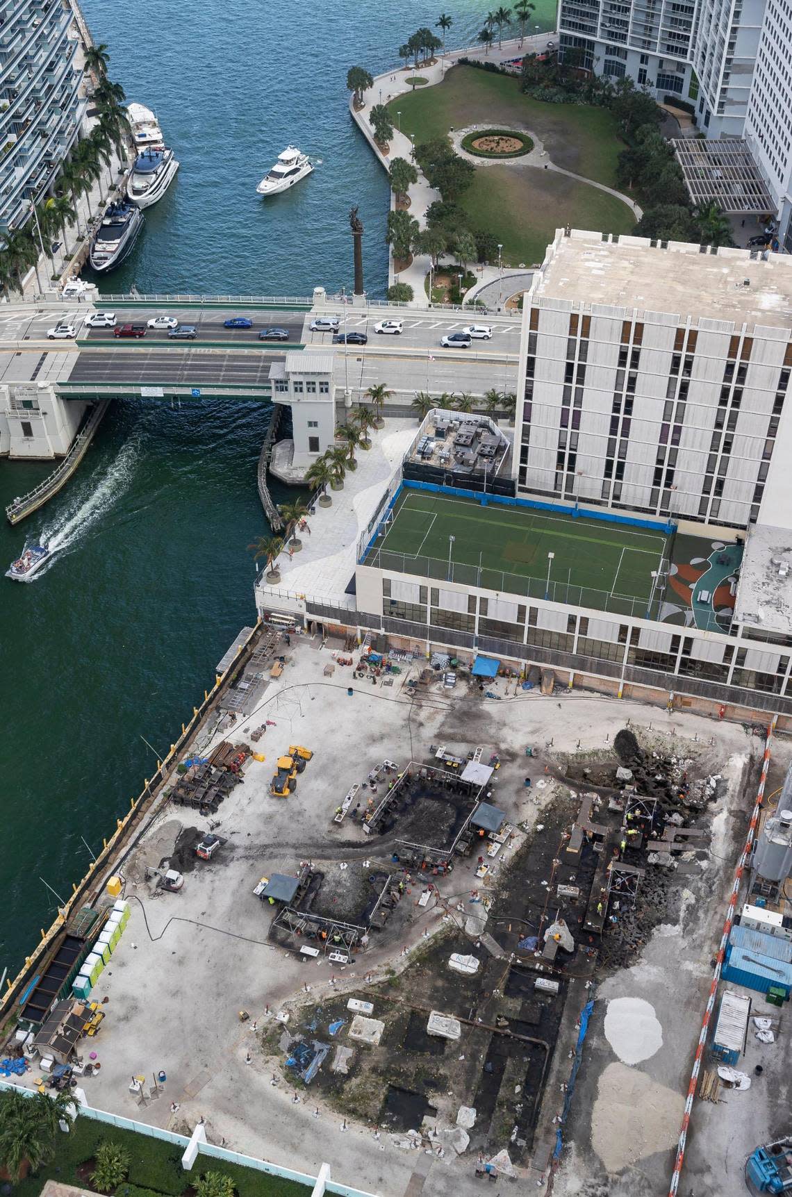 Archaeologists excavating the site of a planned Related Group residential tower complex on the Miami River in Brickell have uncovered extensive evidence of prehistoric indigenous settlements dating back to the dawn of human civilization 7,000 years ago. The discoveries indicate that the capital of the Tequesta tribe, believed responsible for the 2,000-year-old Miami Circle, visible at top, was significantly more extensive than once believed.
