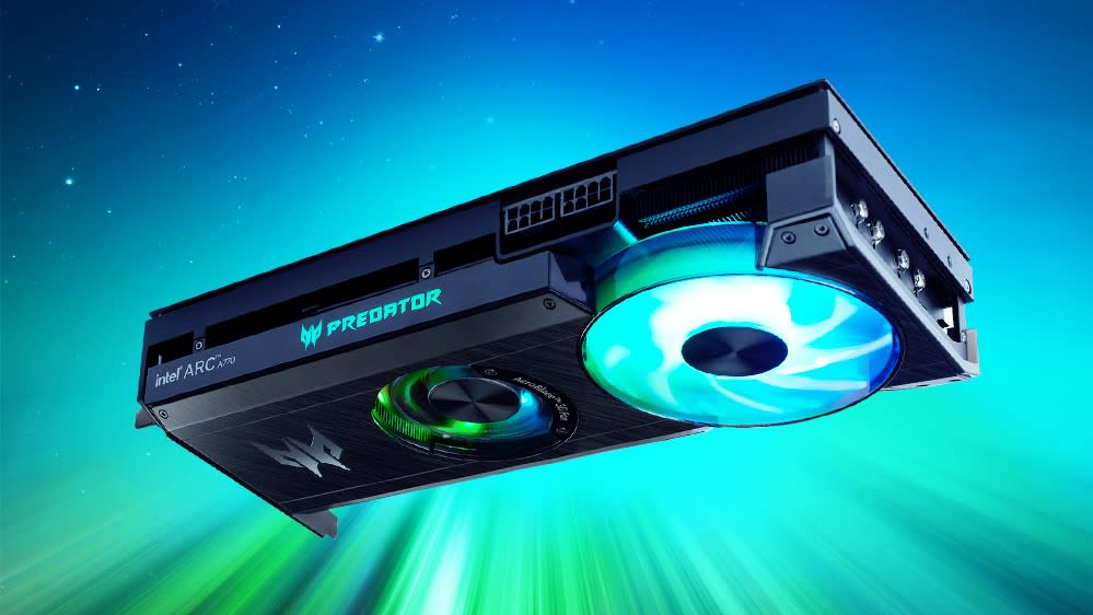  Acer Predator BiFrost Arc A770 GPU, pictured against a bright blue and green background. 