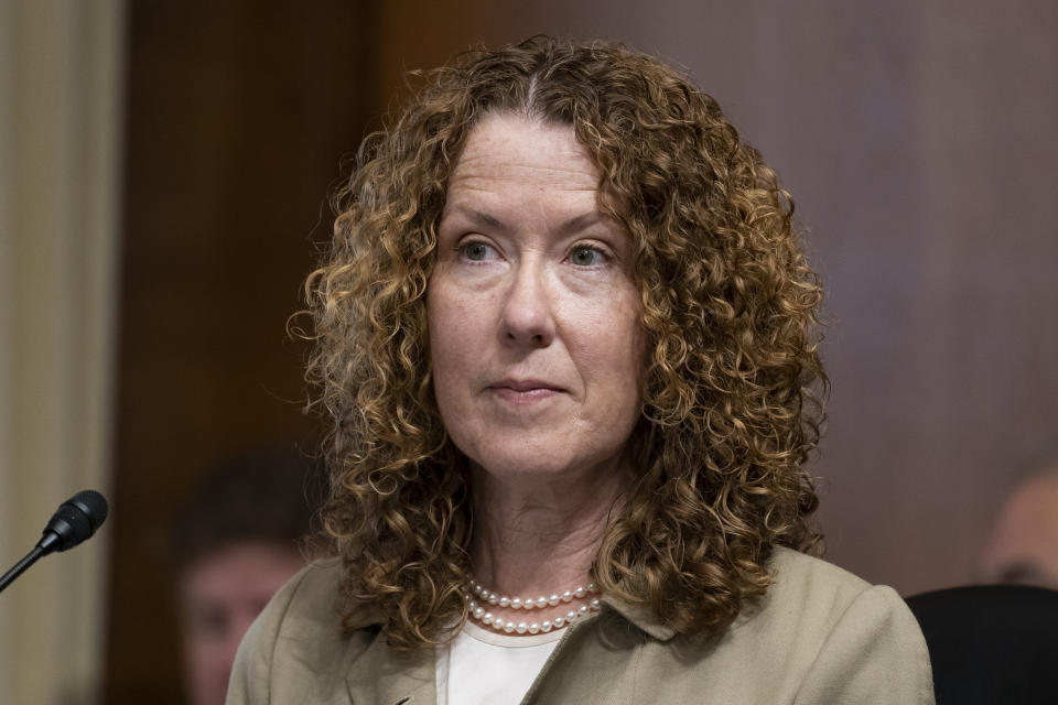 FILE - In this June 8, 2021, file photo, Tracy Stone-Manning listens during a confirmation hearing for her to be the director of the Bureau of Land Management, during a hearing of the Senate Energy and National Resources Committee on Capitol Hill in Washington. West is facing pressure to withdraw over her ties to environmental activists convicted of spiking trees to sabotage a national forest timber sale more than 30 years ago. (AP Photo/Alex Brandon, File)