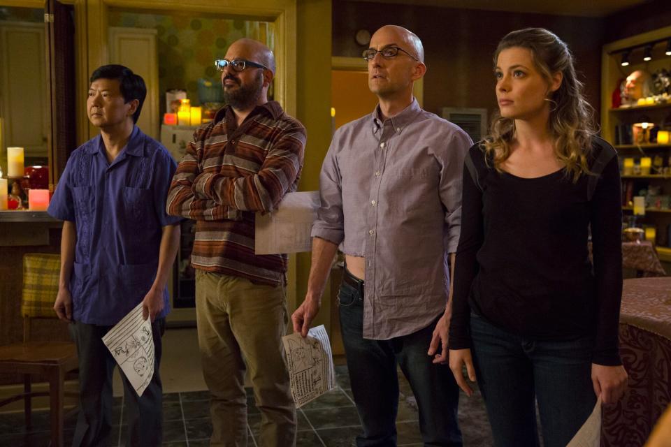 COMMUNITY -- &quot;Advanced Advanced Dungeons &amp; Dragons&quot; Episode 510 -- Pictured: (l-r) Ken Jeong as Se?or Chang, David Cross as Hank Hickey, Jim Rash as Dean Pelton, Gillian Jacobs as Britta