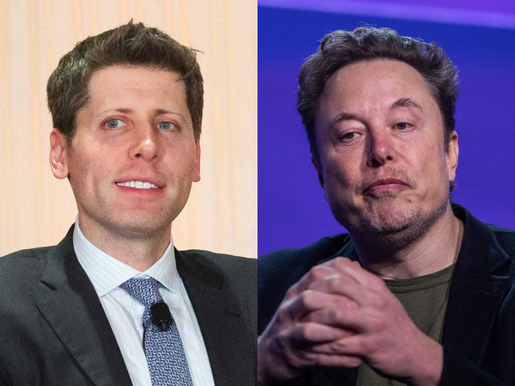 Sam Altman speaking at The Plaza Hotel; Elon Musk speaking at the Milken Institute Global Conference.