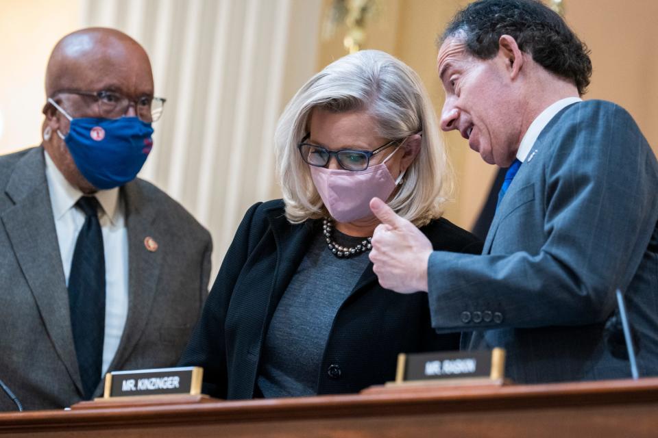 Rep. Liz Cheney, R-Wyo., Rep. Jamie Raskin, D-Md., right, and Chairman Bennie Thompson, D-Miss., are seen after the Select Committee to Investigate the January 6th Attack on the United States Capitol