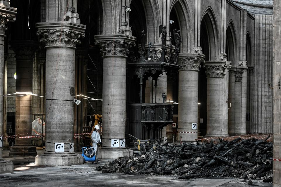 Workers are pictured during preliminary work at the Notre Dame Cathedral July 17, 2019 in Paris. (Photo: Stephane de Sakutin/Pool via AP)           